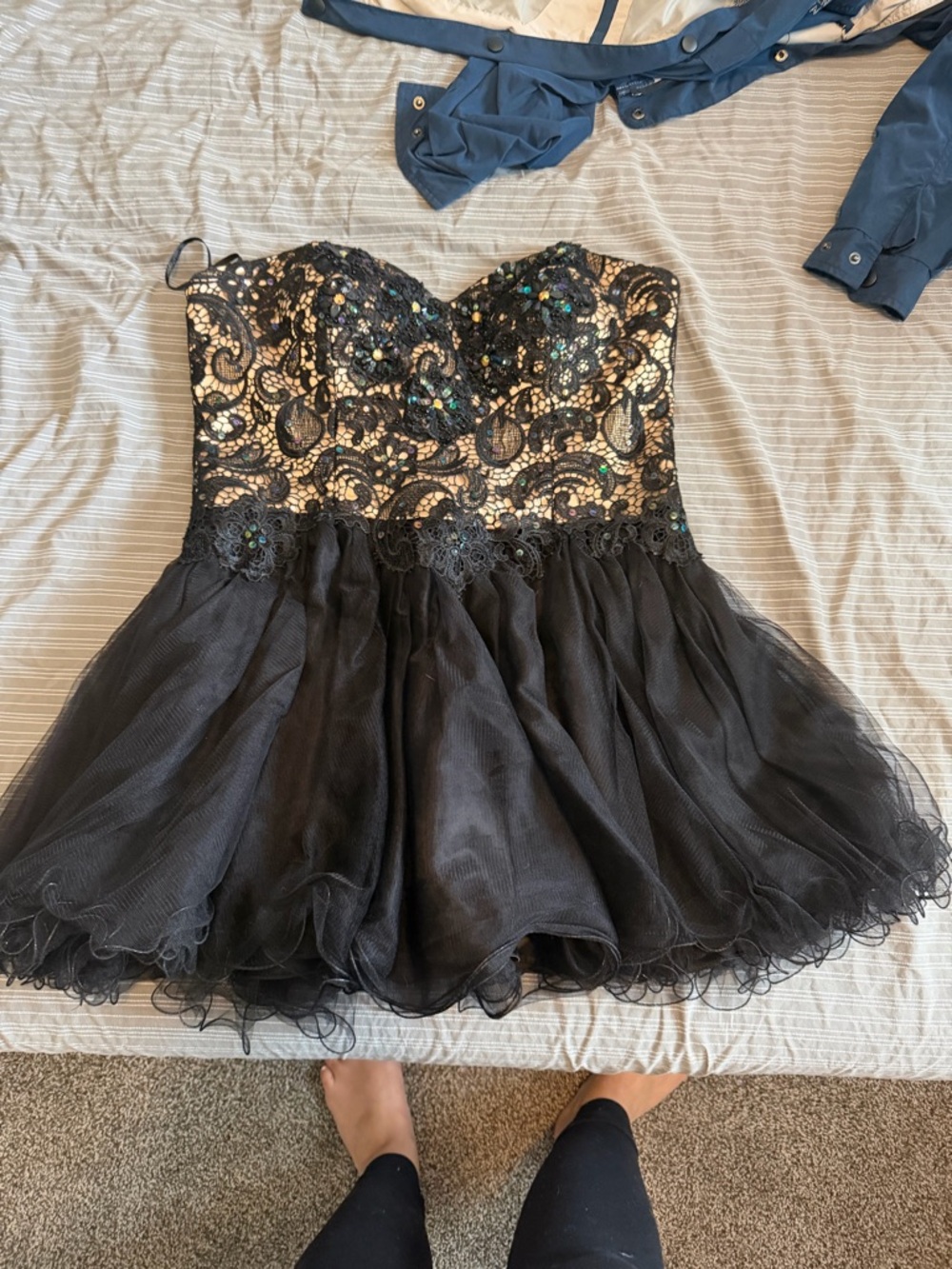 Black Sequin Lace Mini Dress with Tulle Skirt